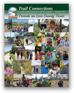 Cover of the November 2022 Trails Connections newsletter from LCTA. The cover photo is a collage of photos of trails users on trails across the county.